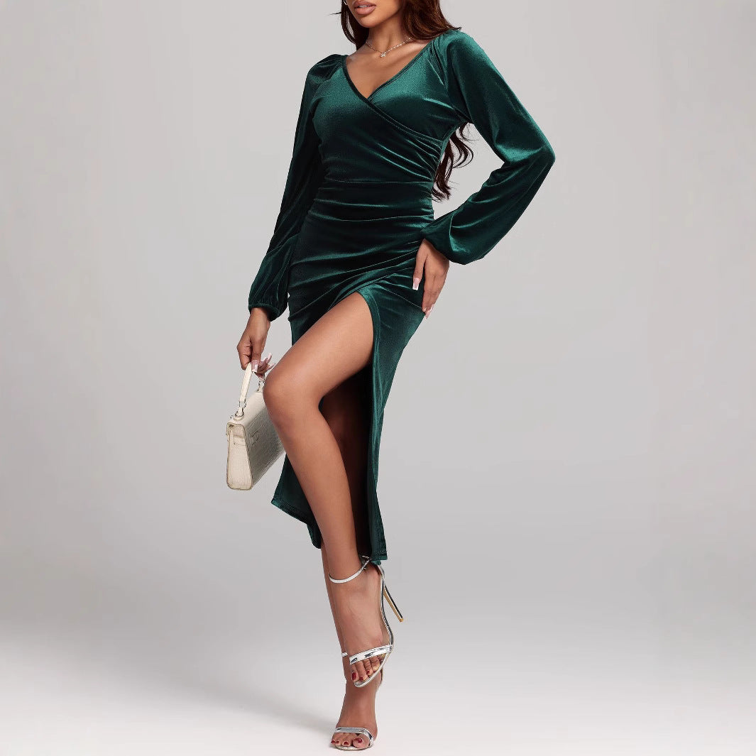 Women Elegant Wrap Dress with Long Sleeve and Slit Ivyshape