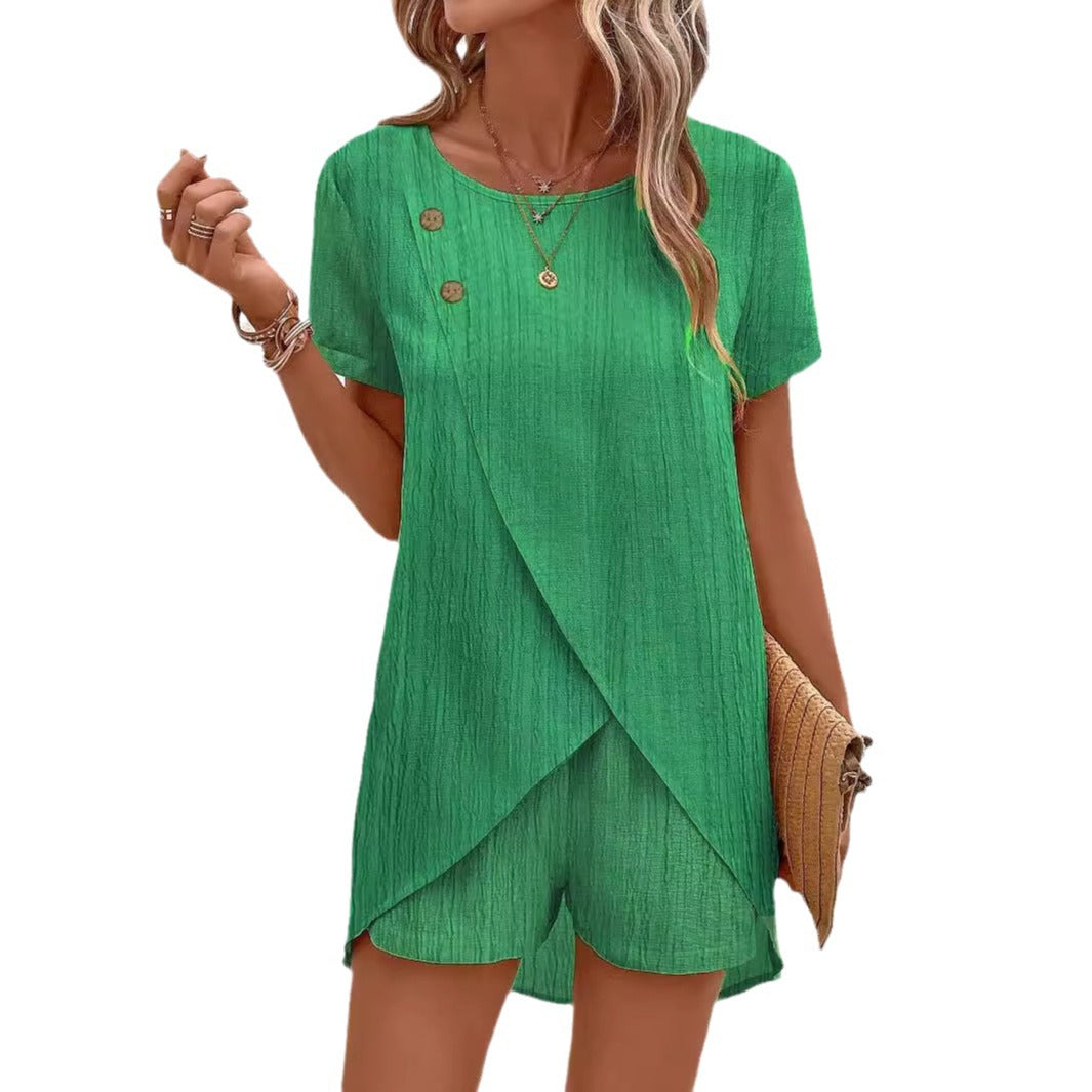 Women casual jumpsuit with sophisticated wrap design and special button details Ivyshape