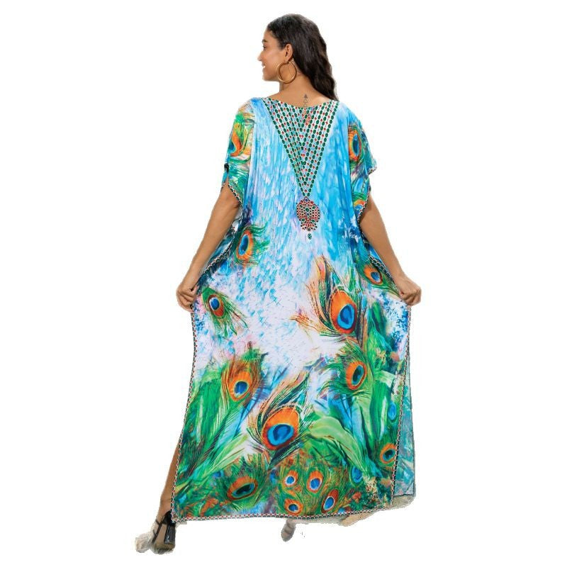 Women's beach kaftan with artistic peacock motif and fine details Ivyshape