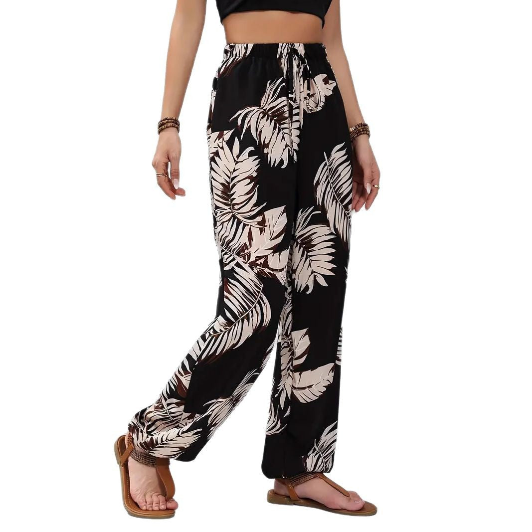 Ladies Wide Palazzo Pants with Floral Pattern and Elastic Waist Ivyshape