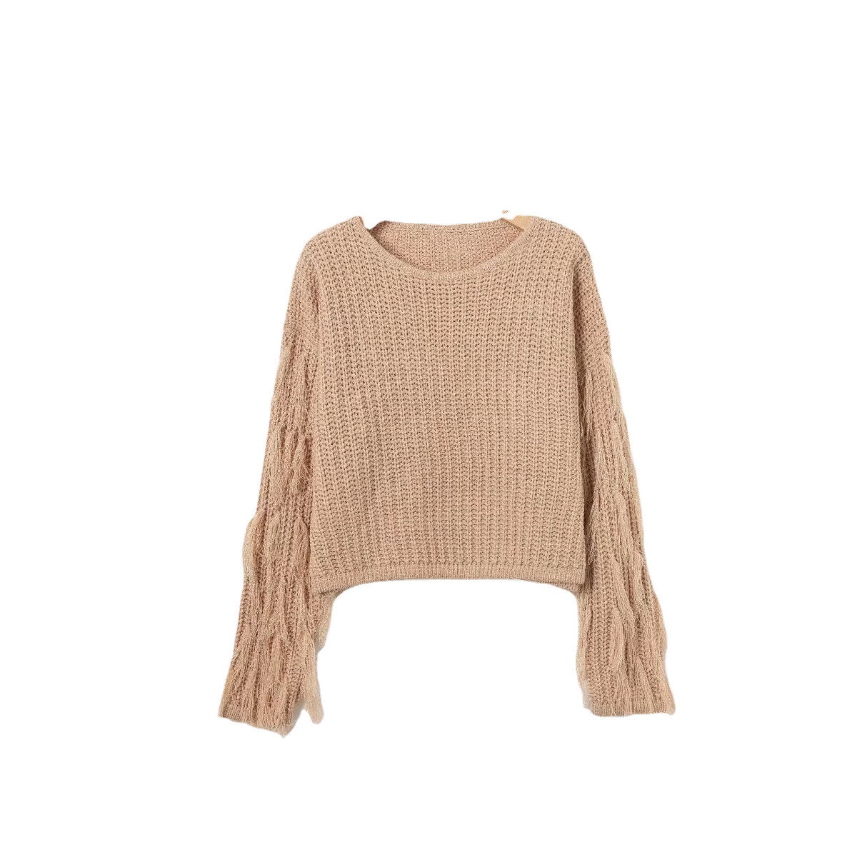Women's fashionable knit sweater with fringed sleeves and special textured pattern Ivyshape