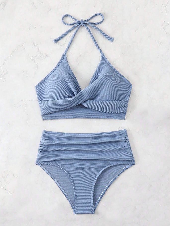 Ladies High-Waisted Bikini Set with Stylish Wrap Detail and Deep V-Neck Ivyshape