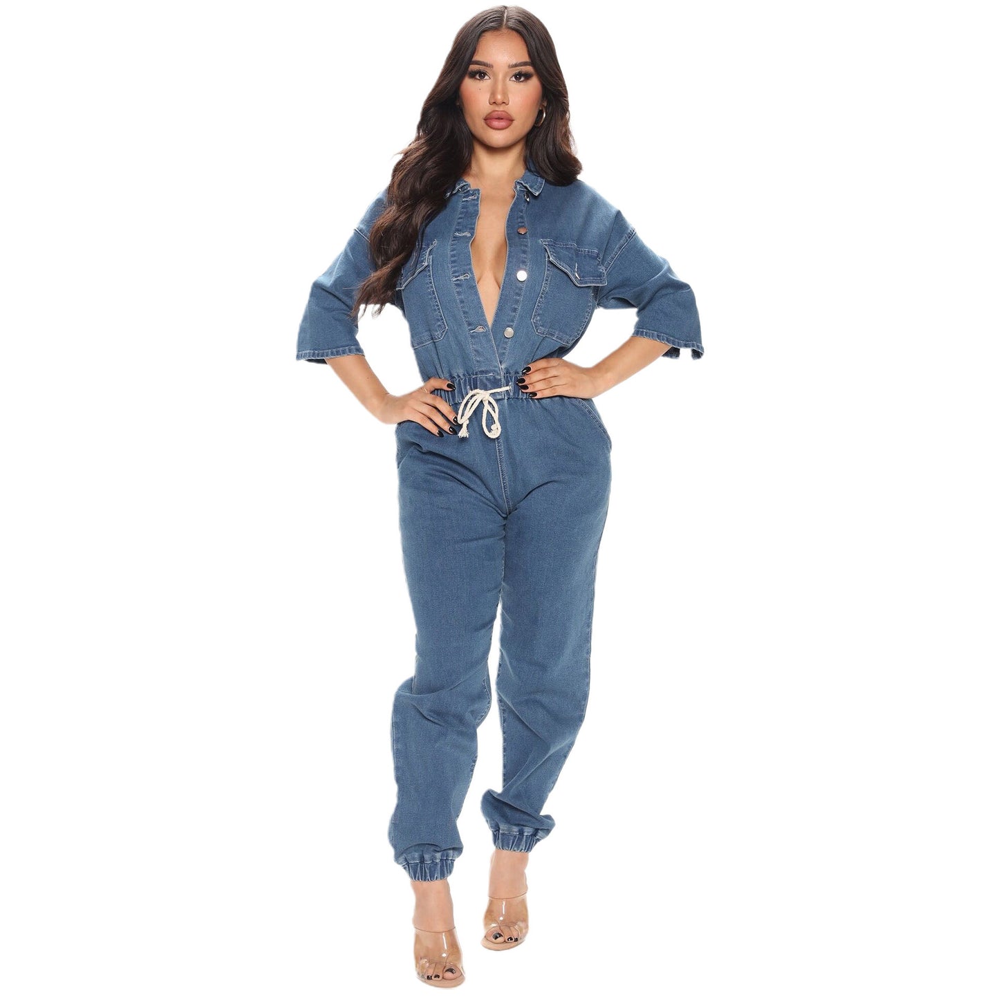 Women Denim Jumpsuit with Tailoring and Button Details Ivyshape