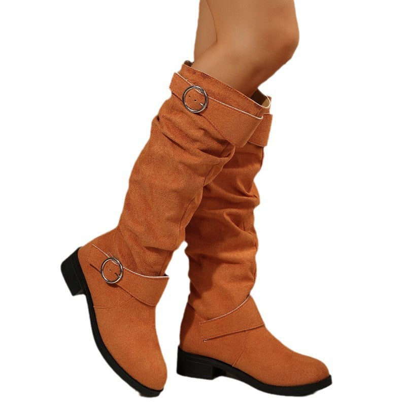 Ladies Stylish Overknee Boots with Fashionable Straps and Crumpled Design Ivyshape