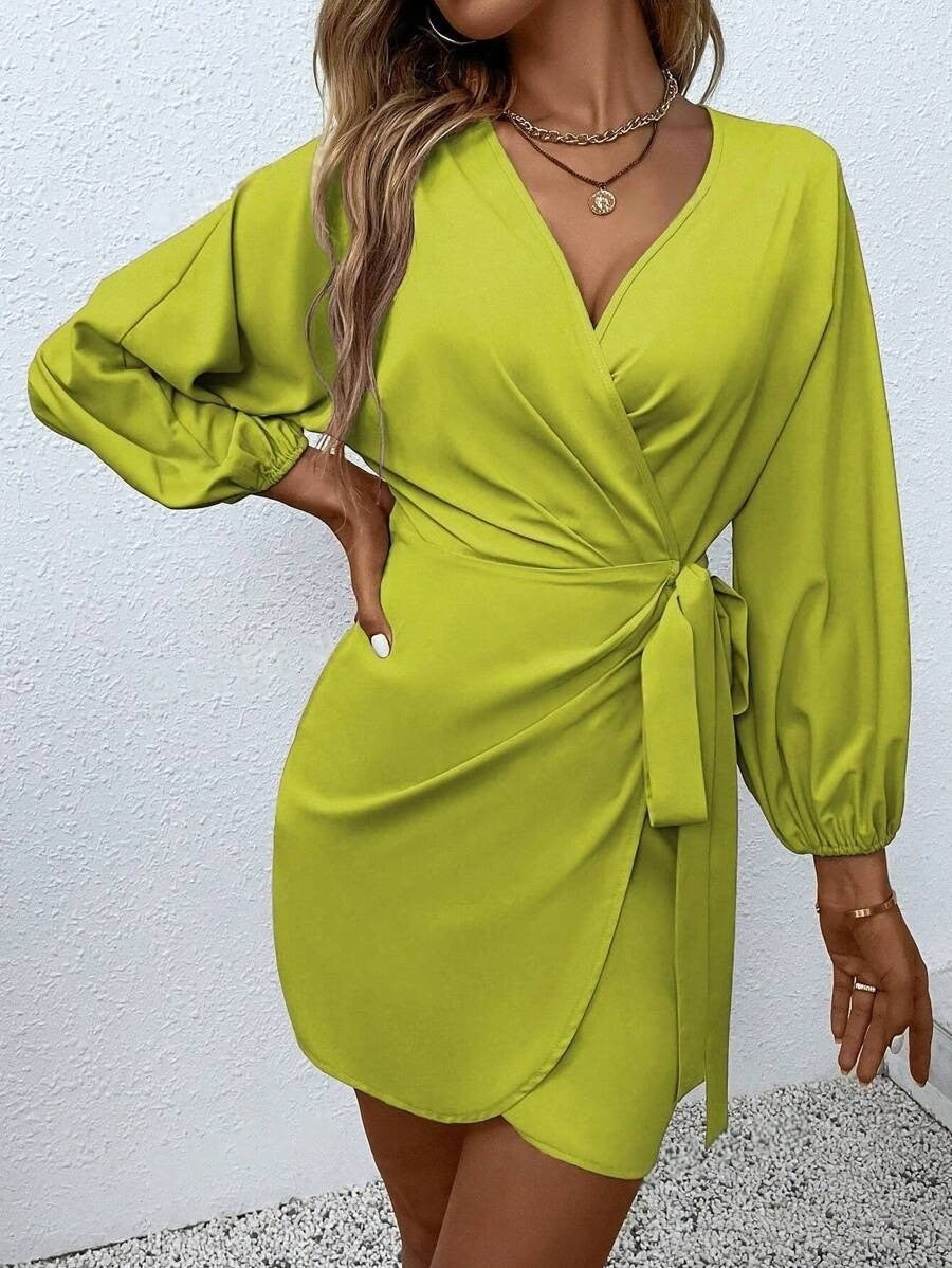 Ladies elegant wrap dress with voluminous sleeves and waist belt Ivyshape