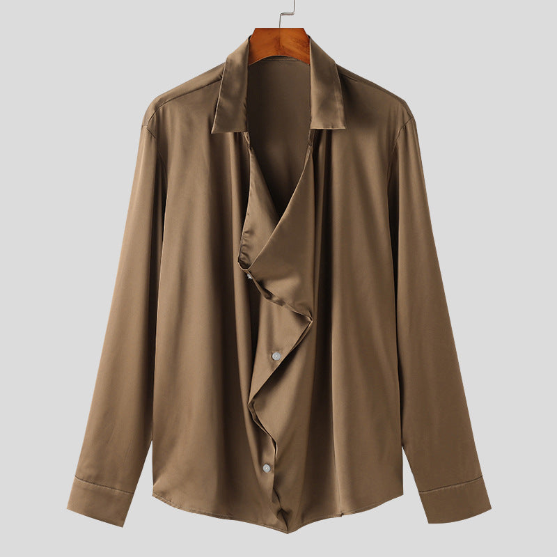 Men's Elegant Long Sleeve Shirt with Draped Button Placket and Silky Finish Ivyshape