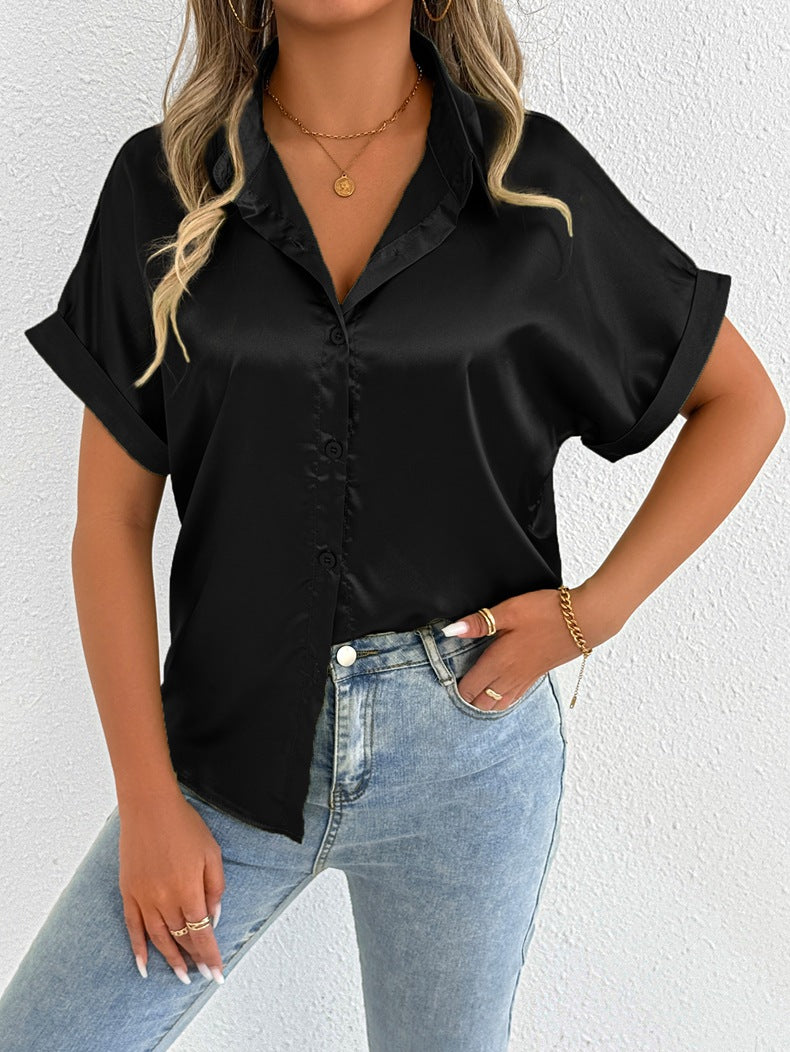 Women's short-sleeve blouse made of high-quality satin with folded collar and button placket Ivyshape
