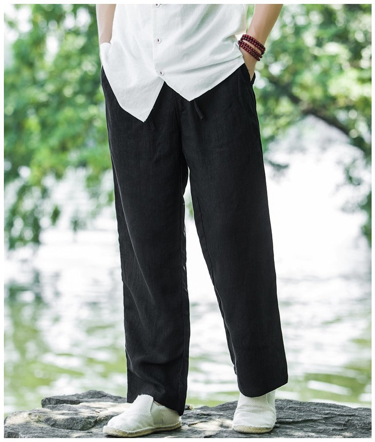 Men's casual linen pants with elastic waistband and practical side pockets Ivyshape