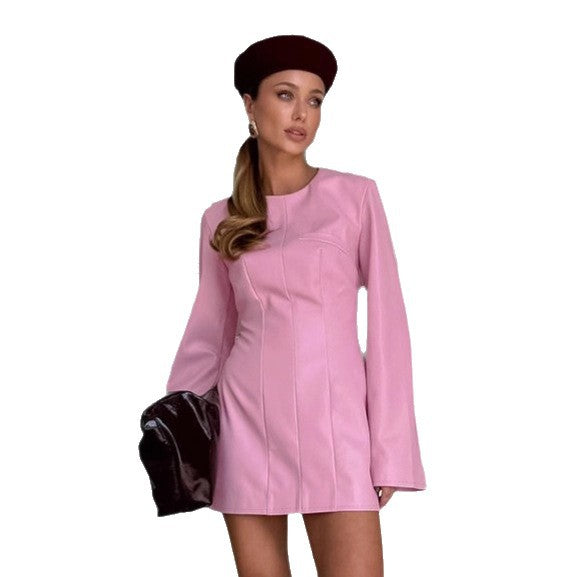 Women Faux Leather Minidress with Loose Fit and Elegant Details Ivyshape