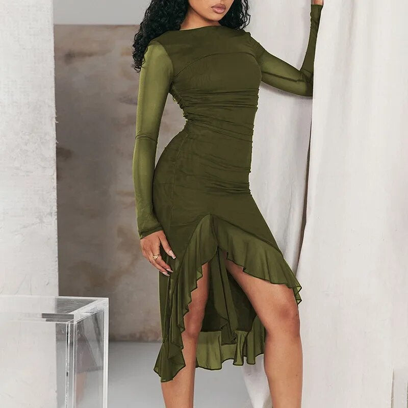 Women elegant wrap dress with transparent long sleeves and asymmetrical hem Ivyshape