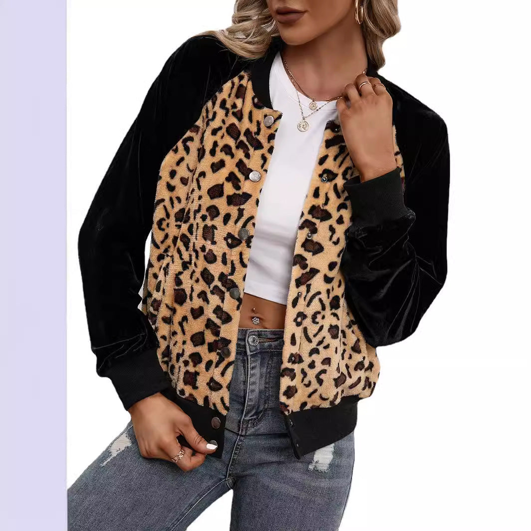Ladies elegant bomber jacket with leopard pattern and velour trim Ivyshape