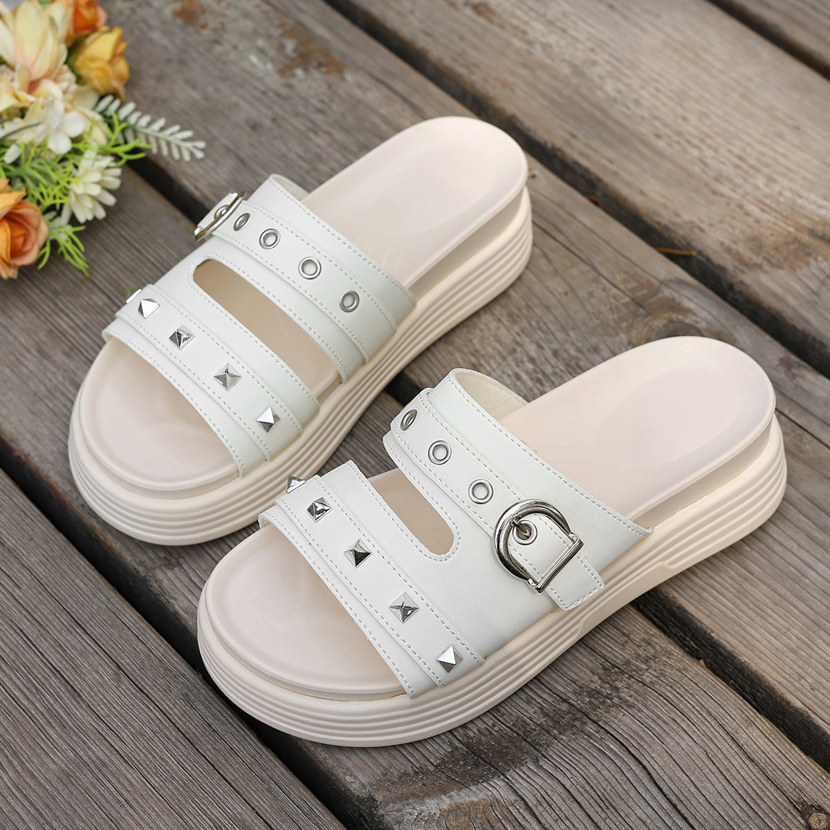 Ladies Stylish Slide Sandals with Adjustable Straps and Glitter Elements Ivyshape