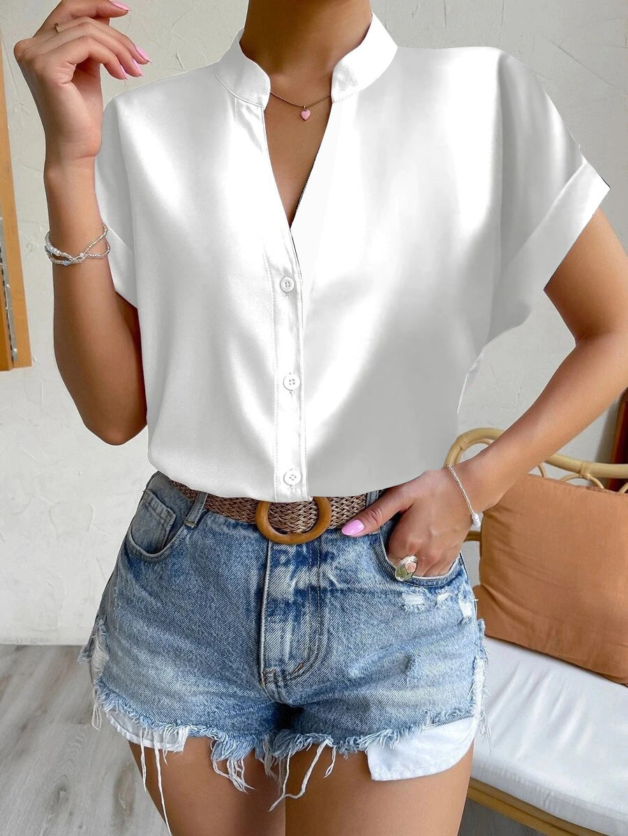 Women Elegant Short Sleeve Blouse with Stand Collar and Subtle Button Details Ivyshape