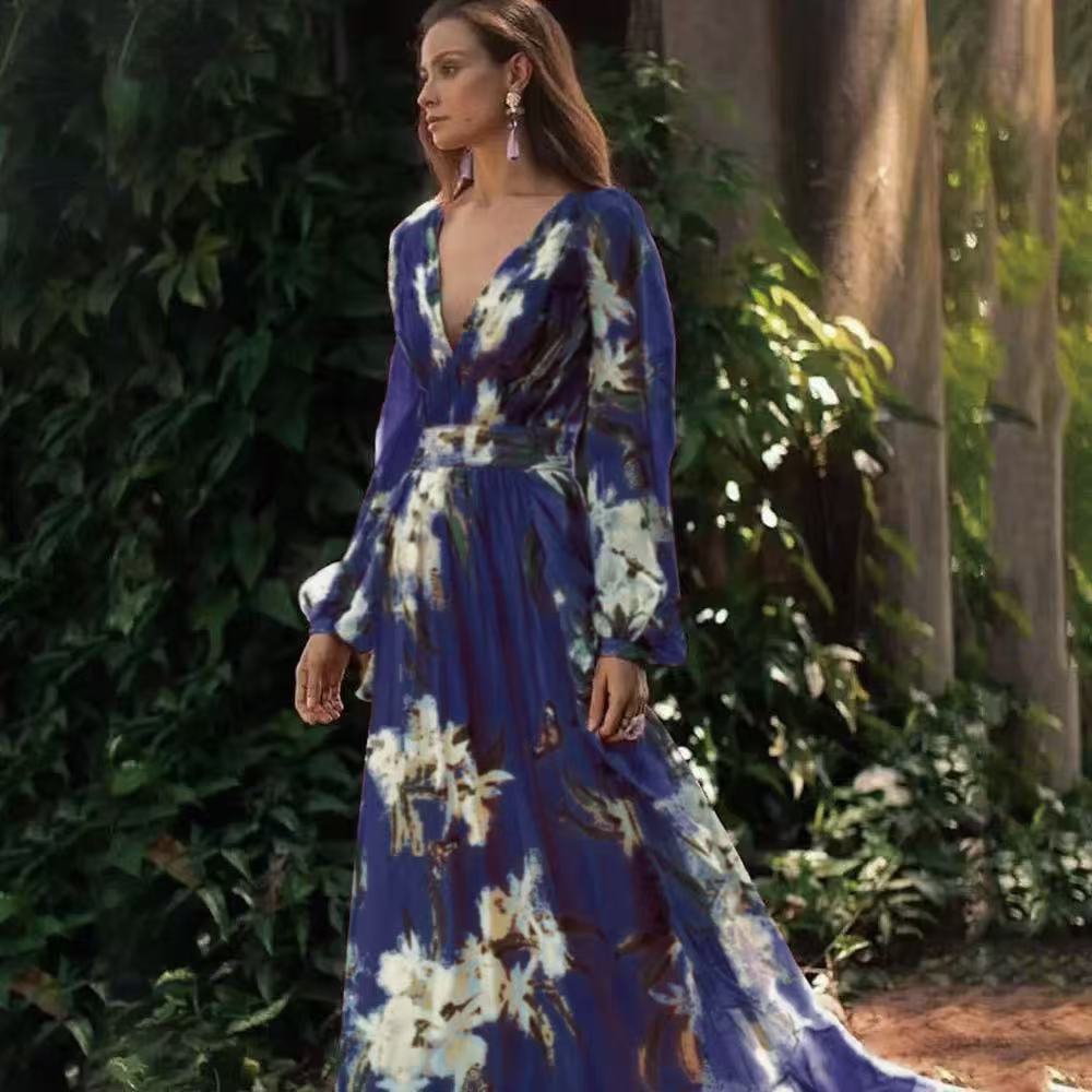 Women's maxi dress made of transparent chiffon look with floral pattern mix and voluminous sleeves Ivyshape