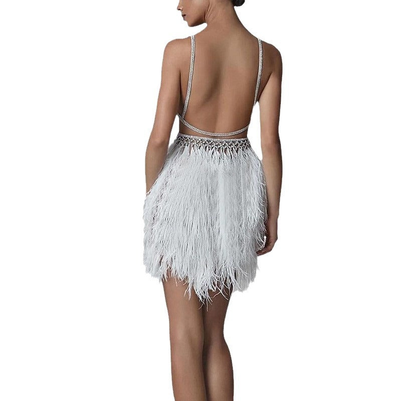 Ladies Glamorous Sequin Dress with Feather Trim Ivyshape