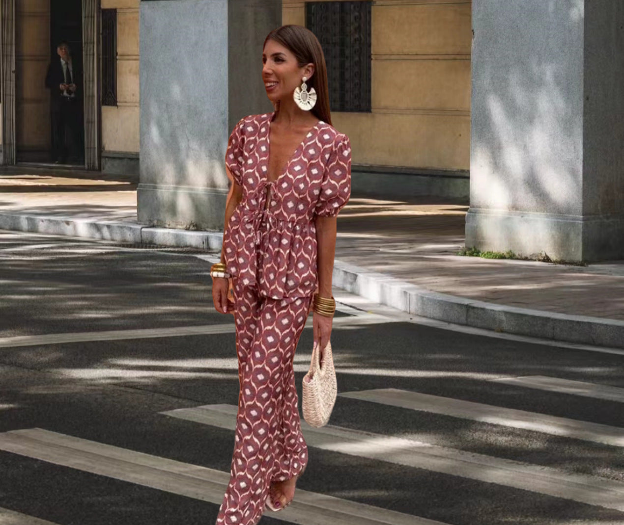 Women Elegant Set with Puff Sleeves and Patch Pockets Ivyshape