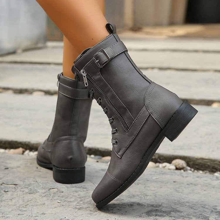 Ladies fashionable leather boots with side zipper and lacing Ivyshape
