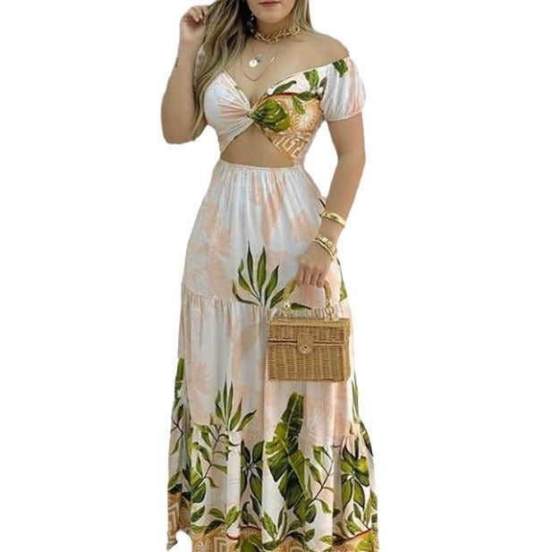 Ladies Maxi Dress with Floral Cut-Out Design and Puff Sleeves Ivyshape