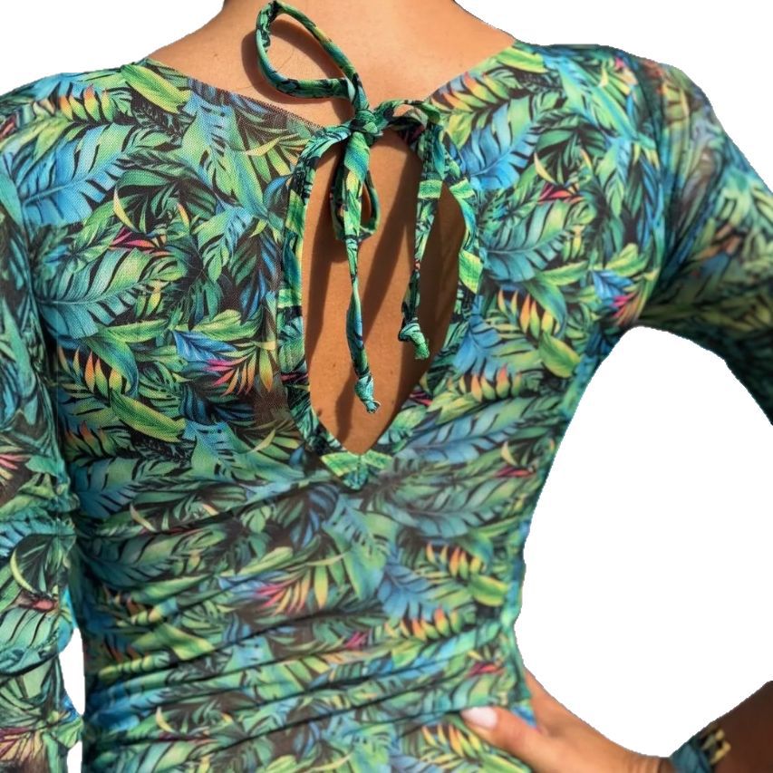 Women's long sleeve swimsuit with botanical pattern and high cut Ivyshape