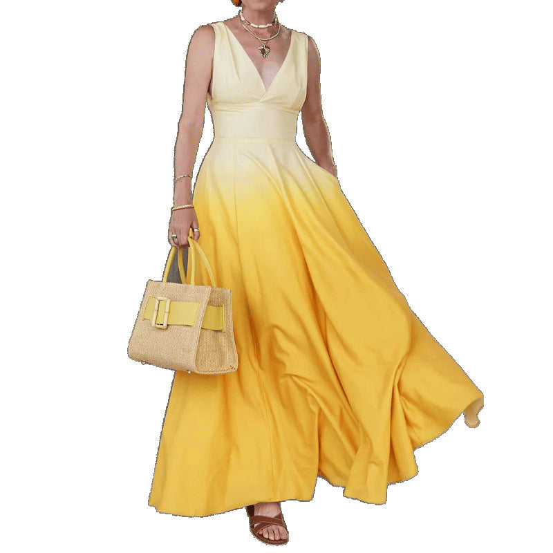 Women Elegant V-Neck Gradient Maxi Dress Ivyshape