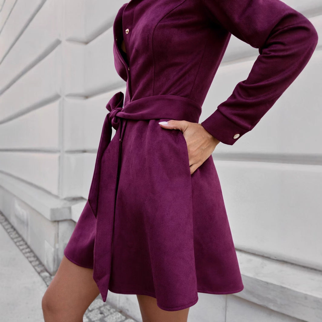 Women elegant shirt dress with waist belt and decorative button details Ivyshape