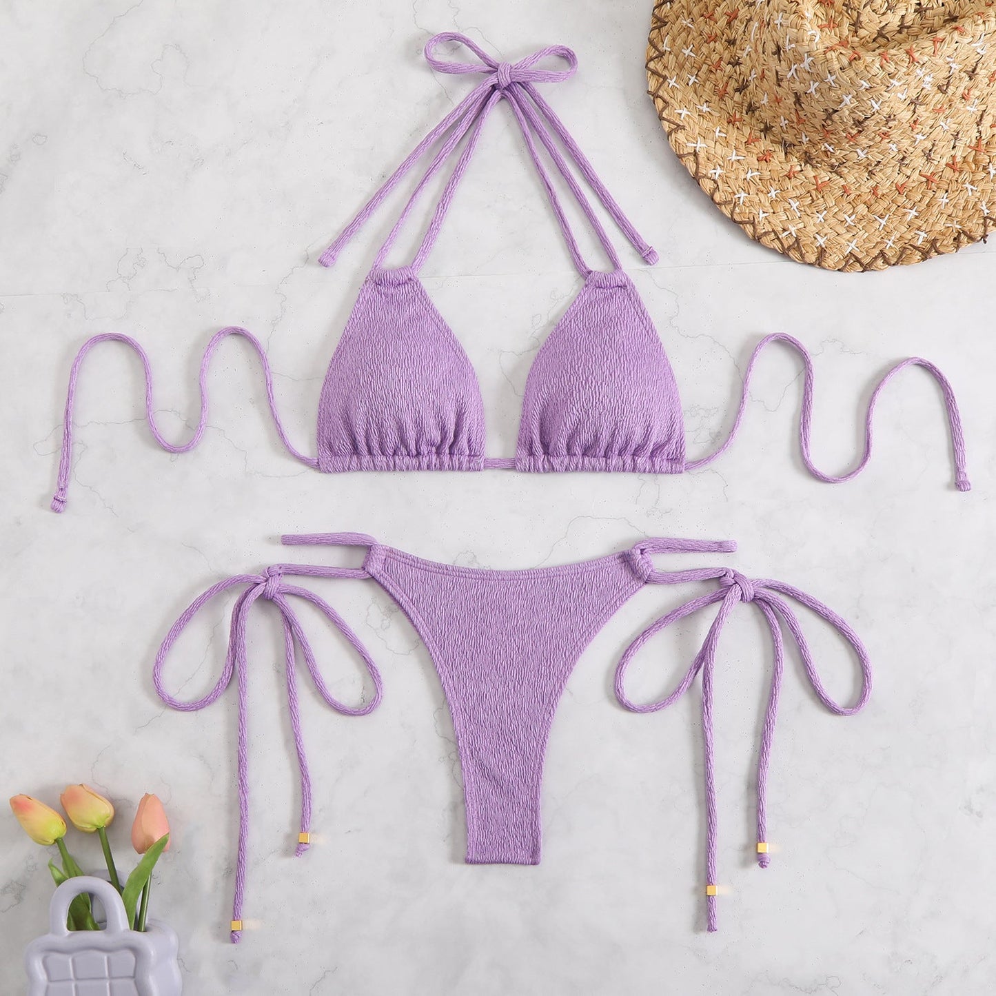 Women's triangle bikini with playful ties and refined textile pattern Ivyshape