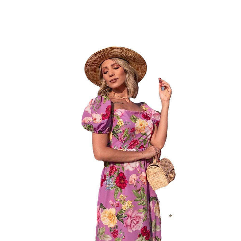 Women’s Floral Maxi Dress with Puff Sleeves and Shimmering Accents Ivyshape
