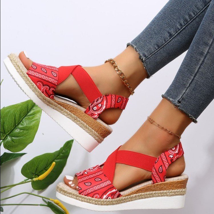 Women's wedge sandals with stylish bandana pattern and non-slip sole Ivyshape