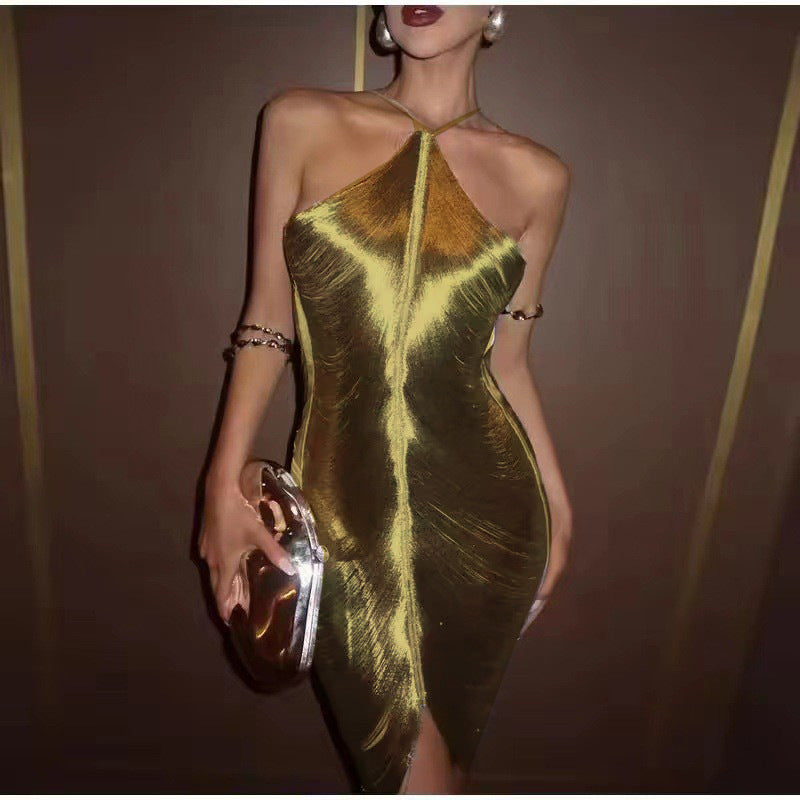 Ladies Elegant Party Dress with Alluring Slit and Gold Accents Ivyshape
