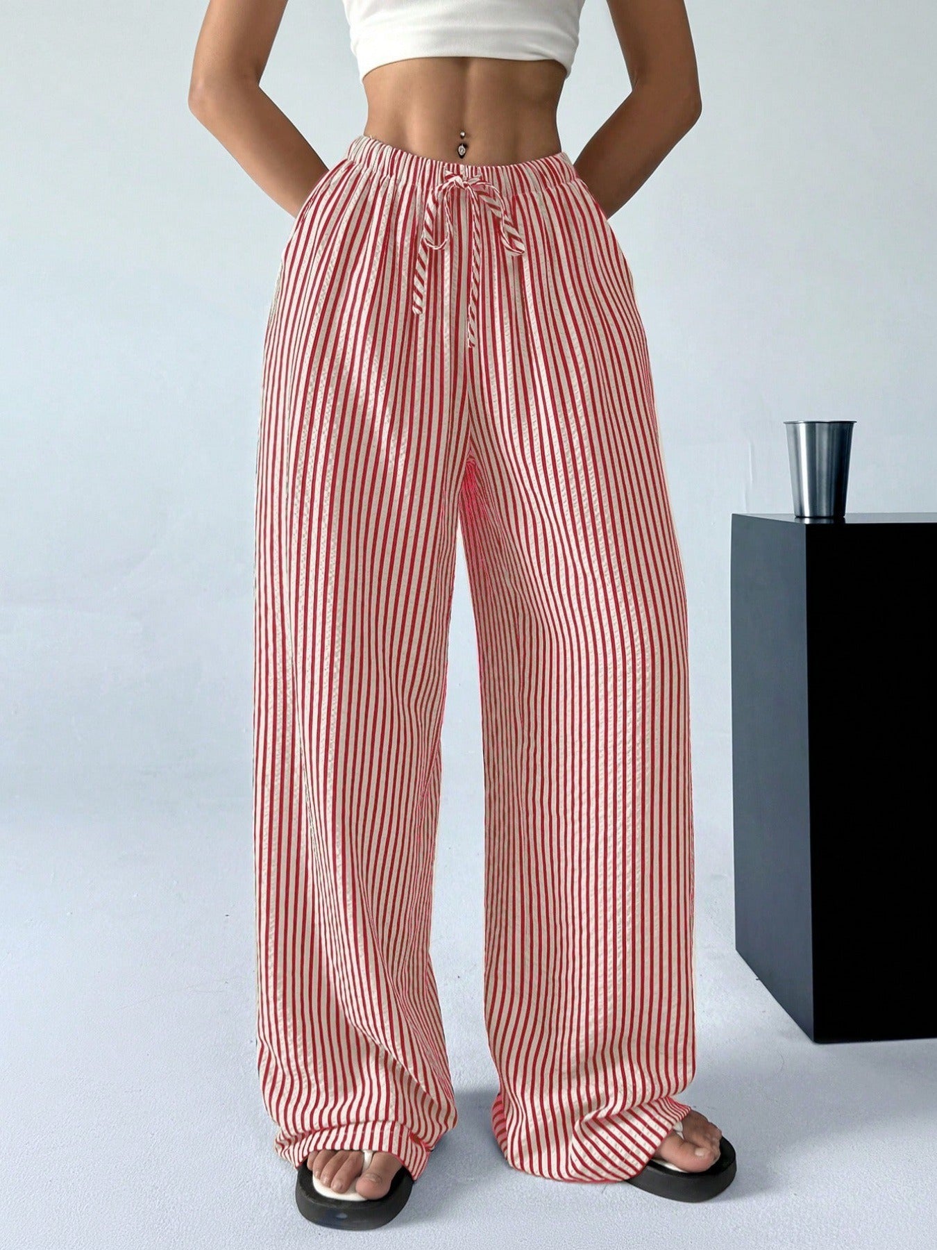 Women's Wide Cut Striped Trousers with Elastic Waistband and Tie Ivyshape