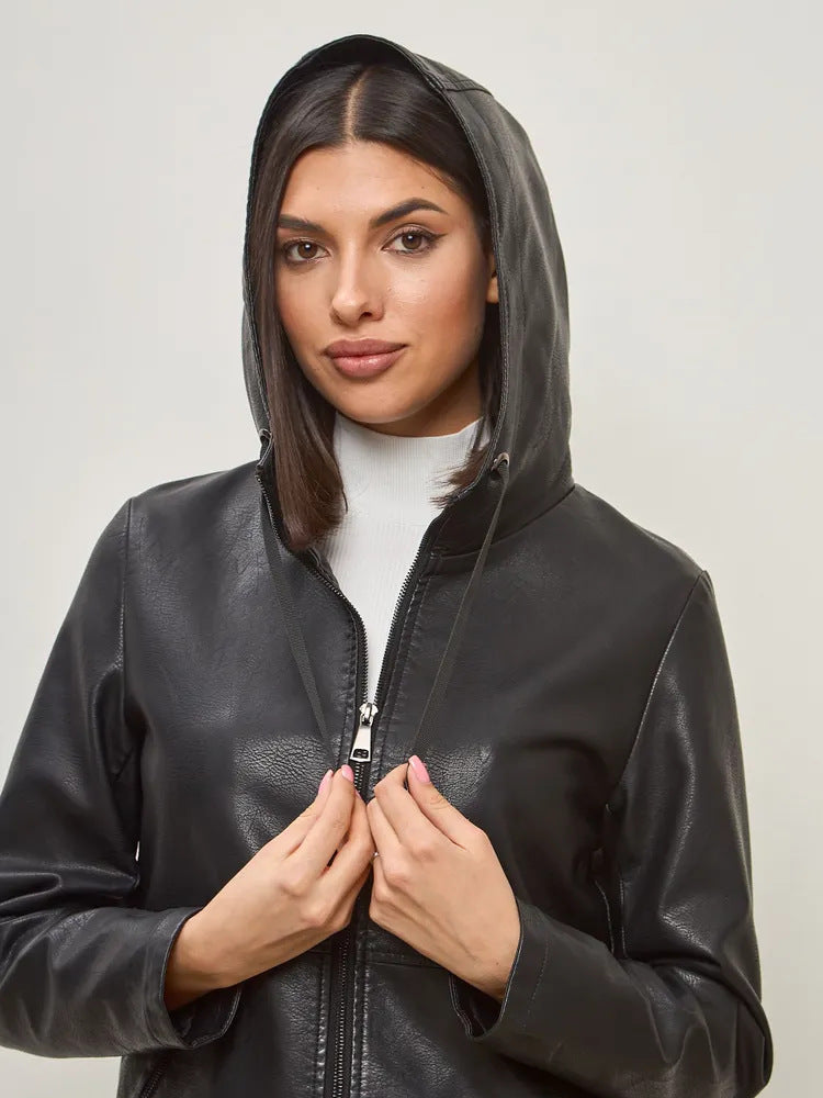 Women's fashionable faux leather jacket with hood and zip pockets Ivyshape