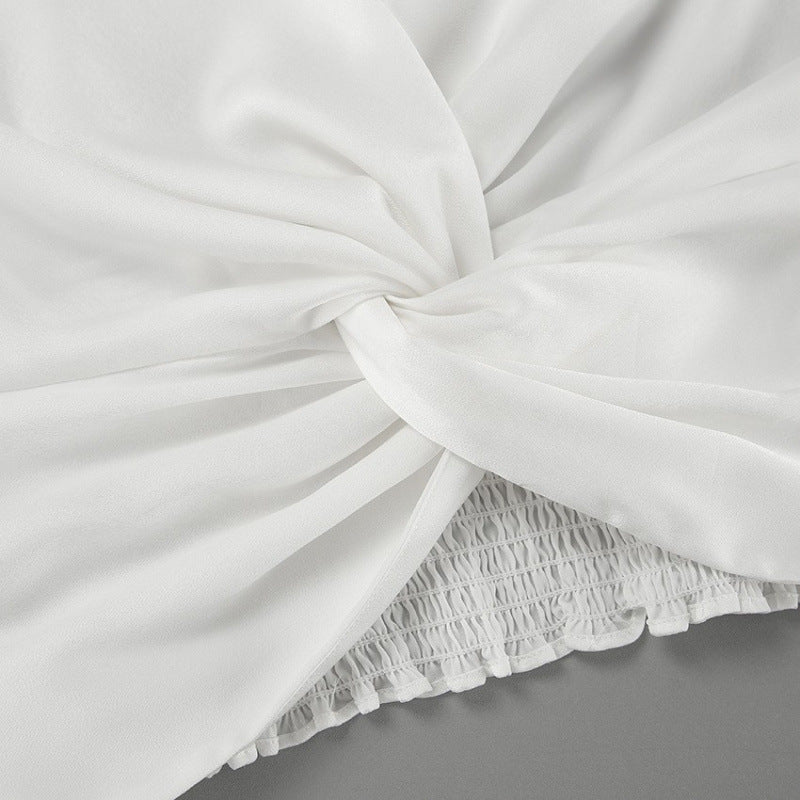 Women Elegant V-Neck Twisted Blouse with Ruffle Seams Ivyshape