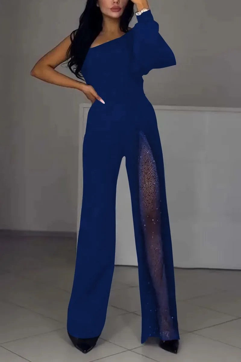 Ladies Elegant Jumpsuit with Transparent Inserts and Sequins Ivyshape