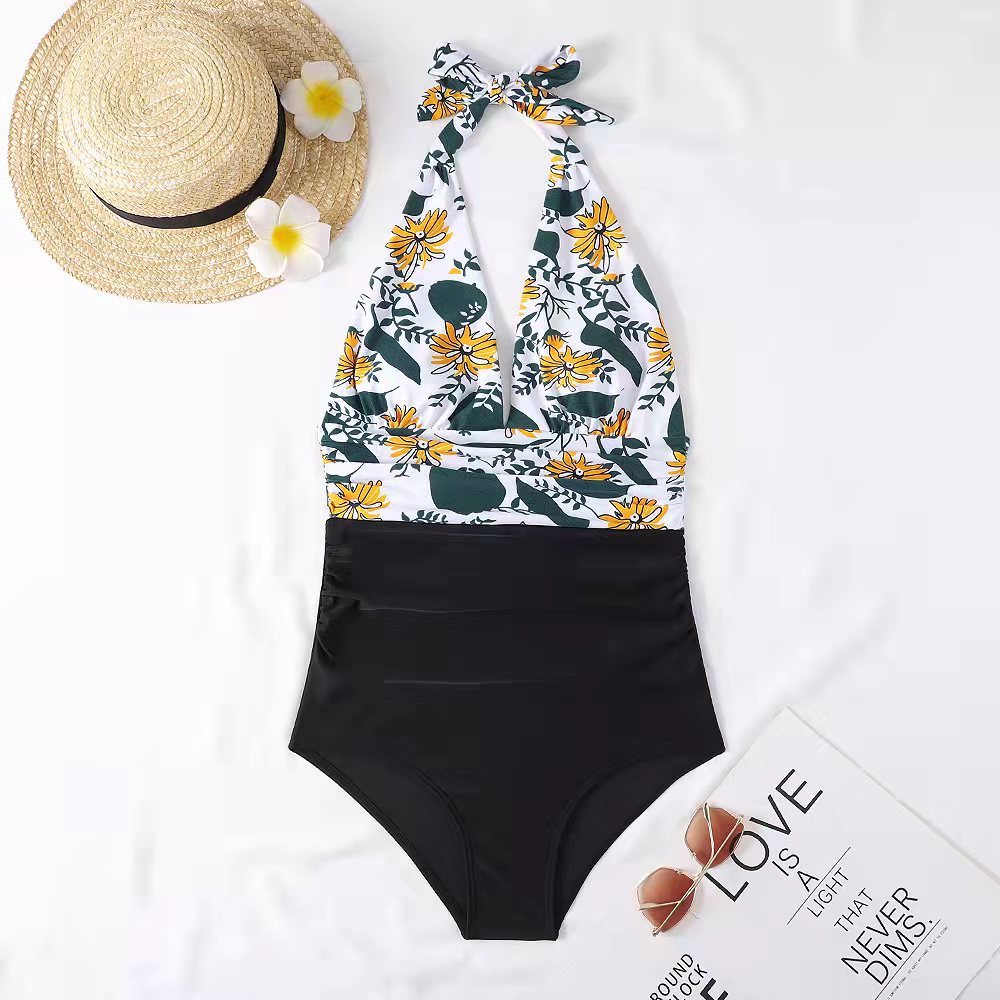 Women's One-Piece Swimsuit with Fresh Floral Pattern and High Cut Ivyshape