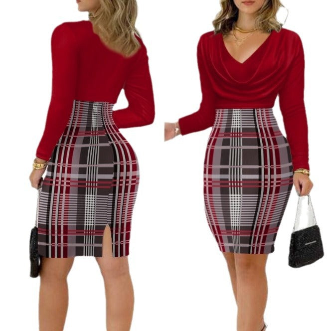 Women Elegant Wrap Dress with Check Pattern and Deep V-Neck Ivyshape