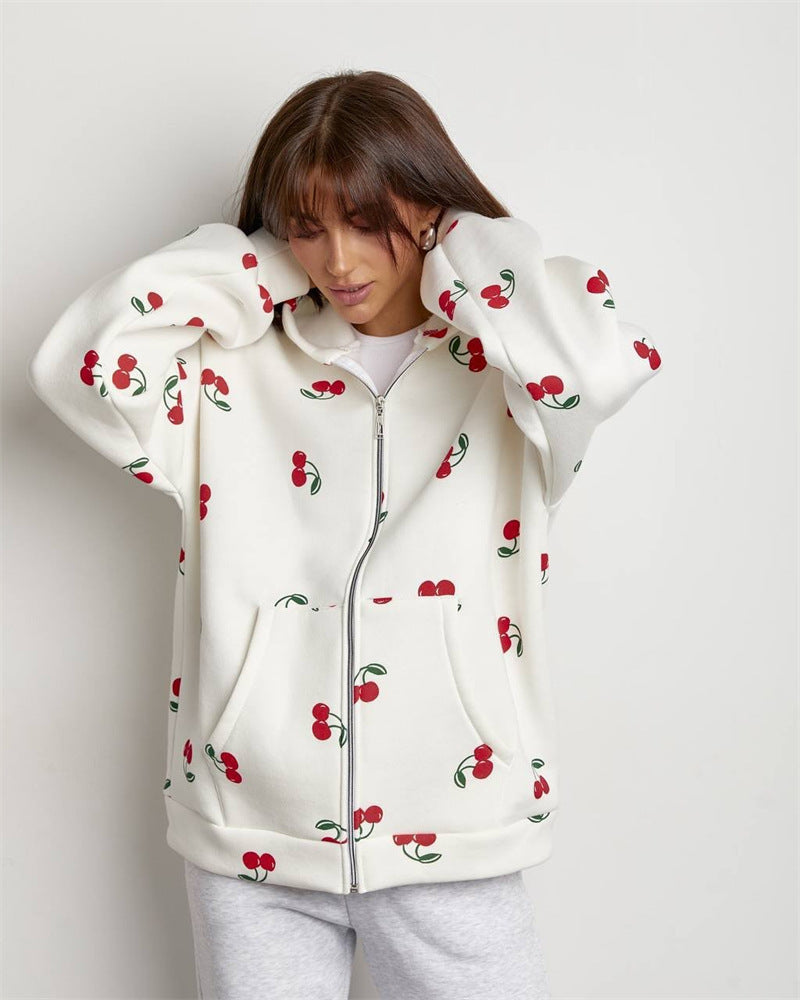 Women's hoodie with fresh cherry pattern and oversized fit Ivyshape