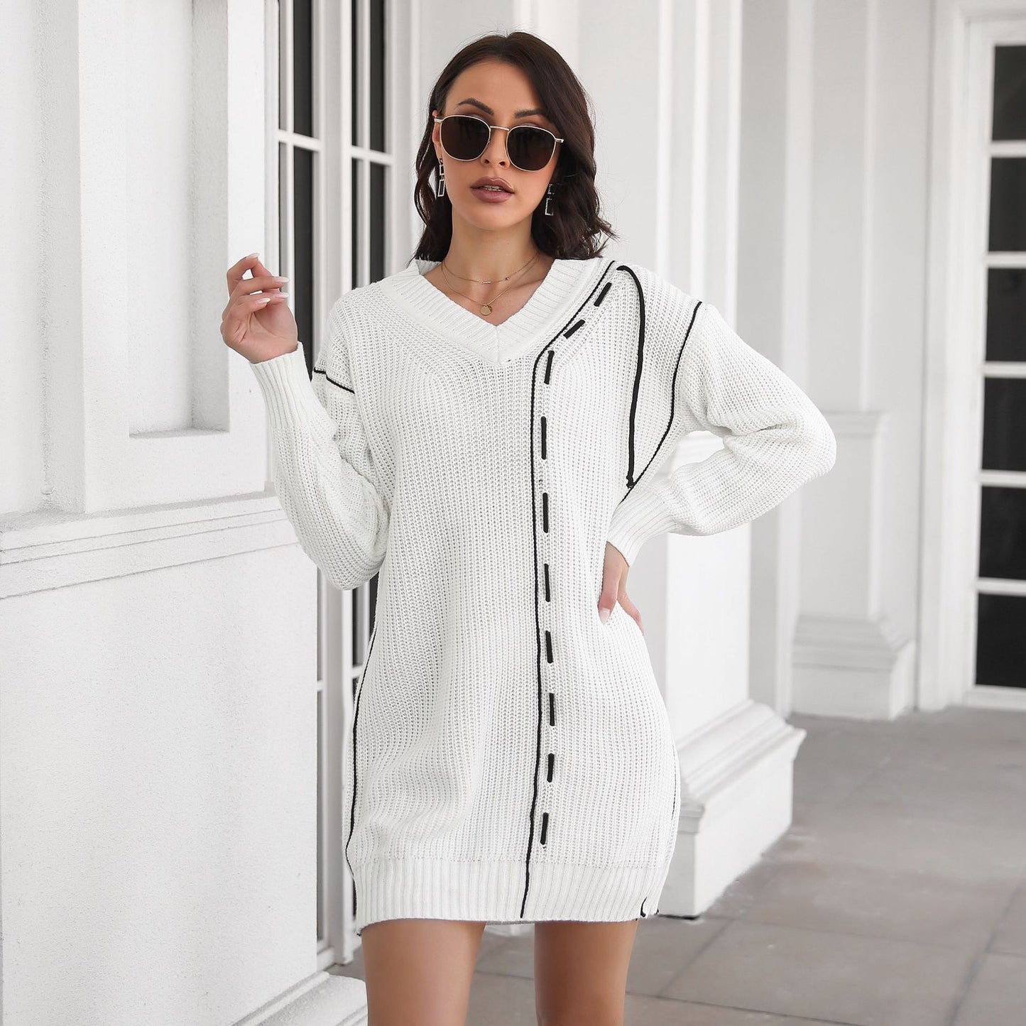 Women Large V-Neck Knit Dress with Decorative Seams Ivyshape