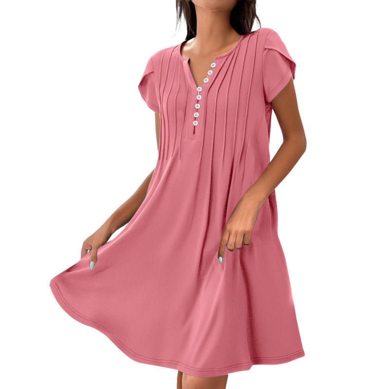 Women's Casual Short Sleeve Dress with Pleated Details and Button Placket Ivyshape