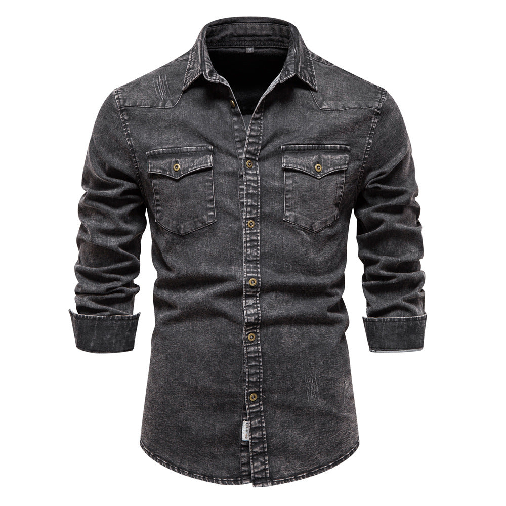 Men's denim shirt blouse with two chest pockets and tasteful embroidery Ivyshape