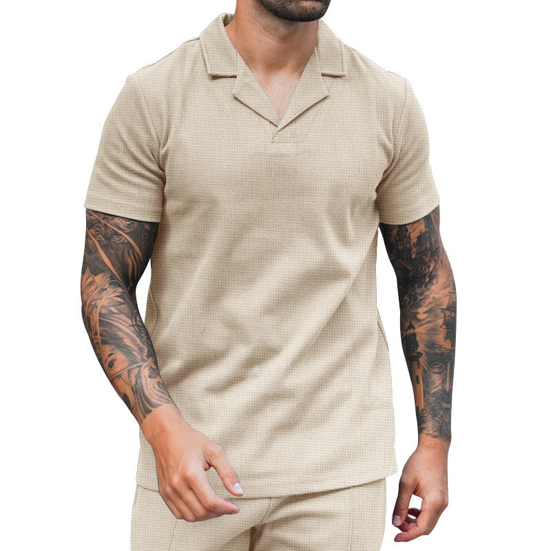 Men's short sleeve shirt with classic Henley neckline and textured surface Ivyshape