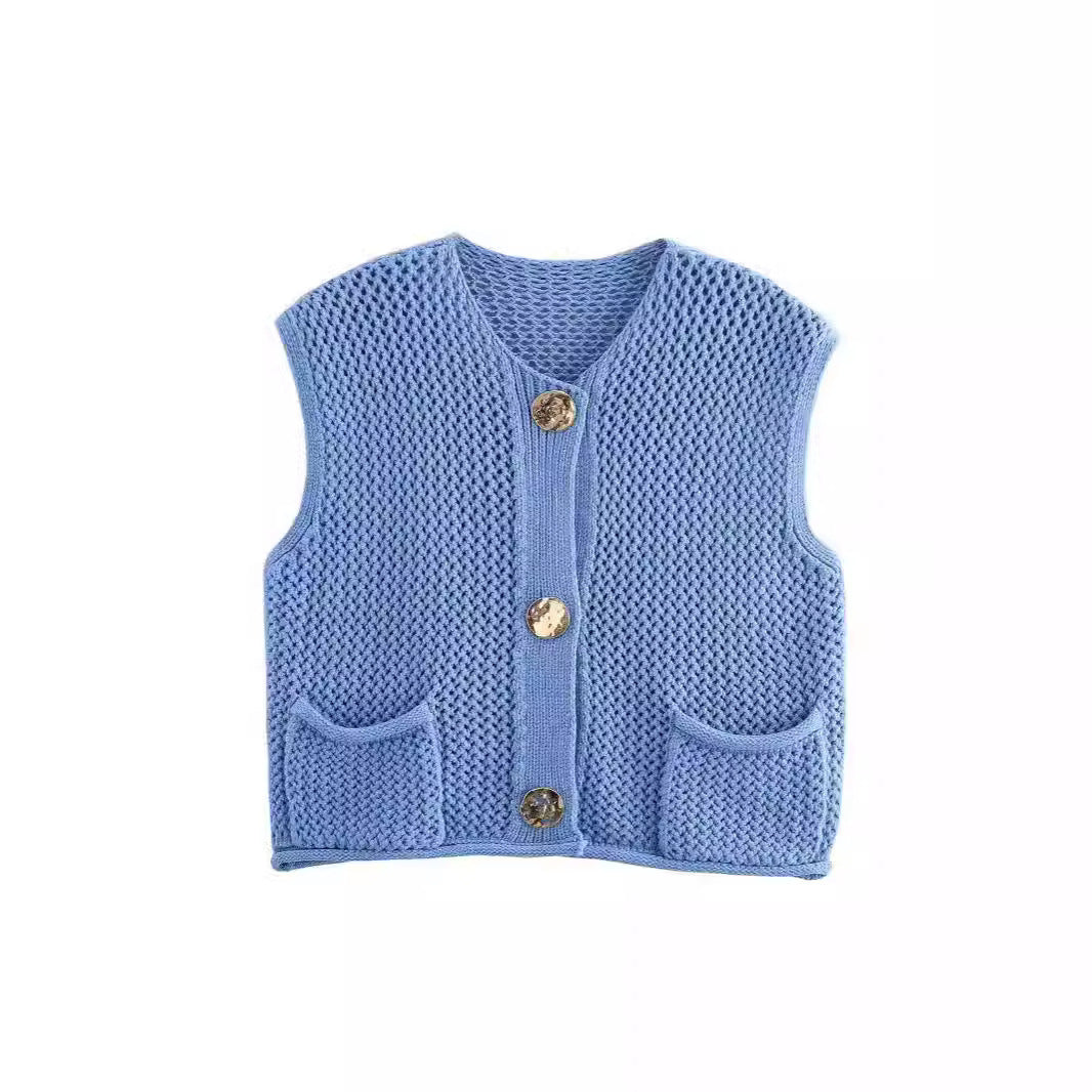 Women's knitted vest with button placket and pockets Ivyshape