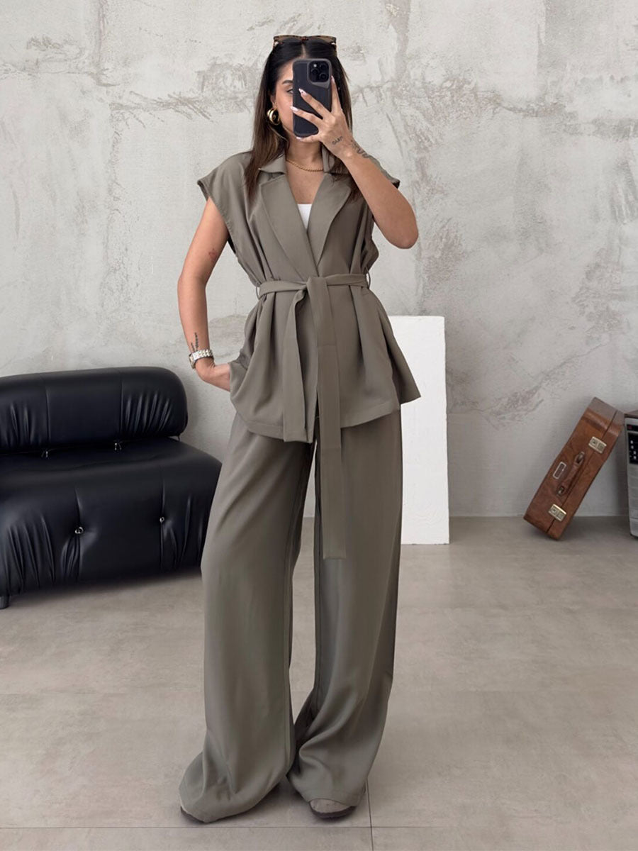 Women's tailored wrap top and wide leg pants set Ivyshape