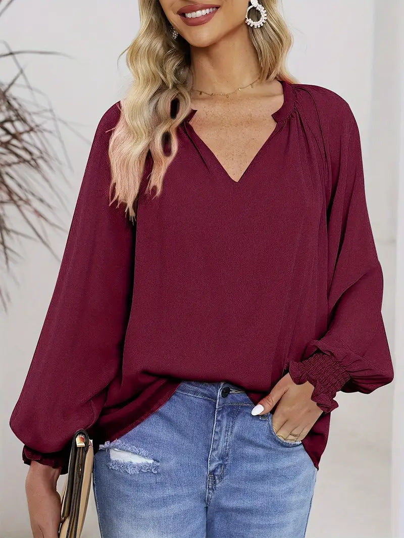 Women Elegant V-Neck Blouse with Puff Sleeves Ivyshape