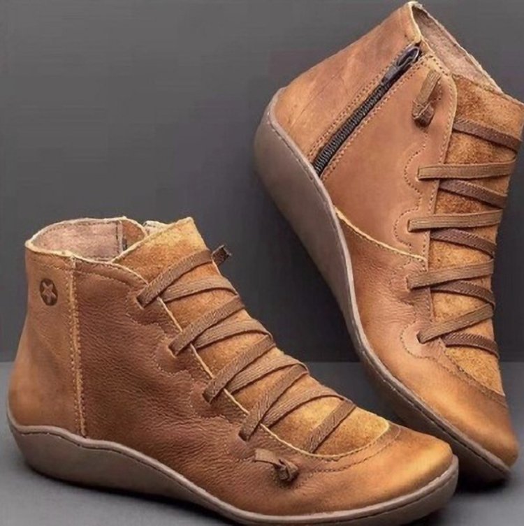 Women's fashionable lace-up booties made of leather with sneaker sole and side zipper Ivyshape