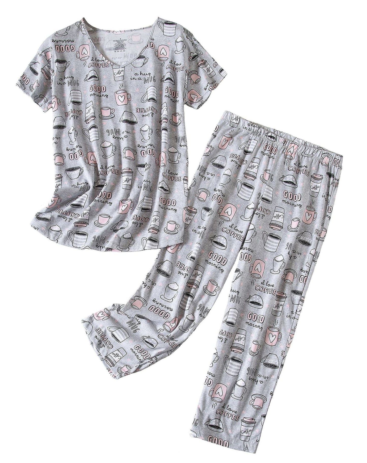 Women's pajamas set with cute cat and beverage pattern Ivyshape