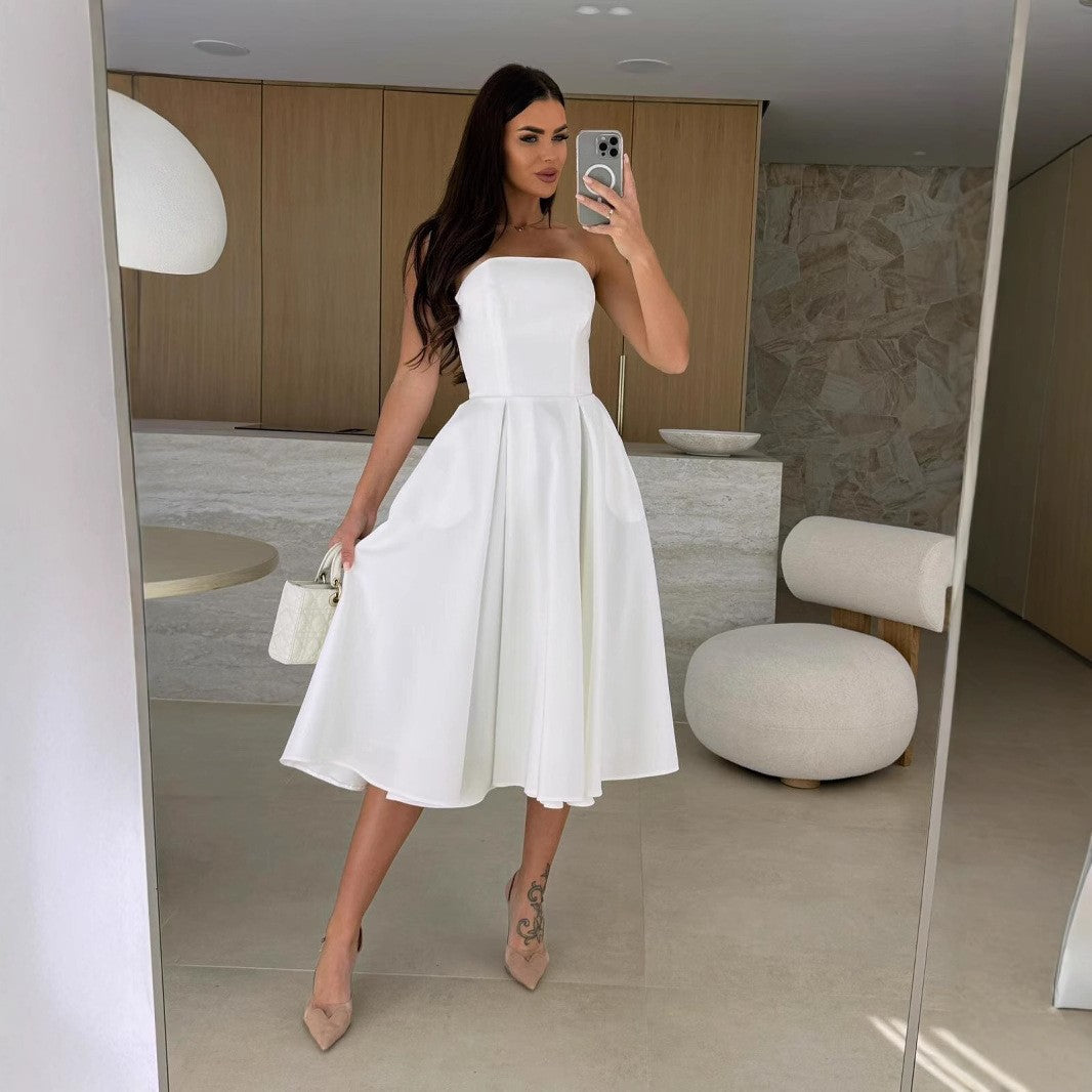 Women Strapless A-Line Midi Dress Ivyshape