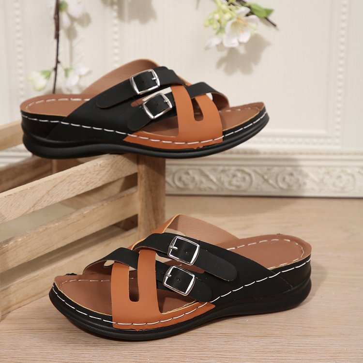 Ladies comfortable slides with fashionable buckle design and padded footbed Ivyshape