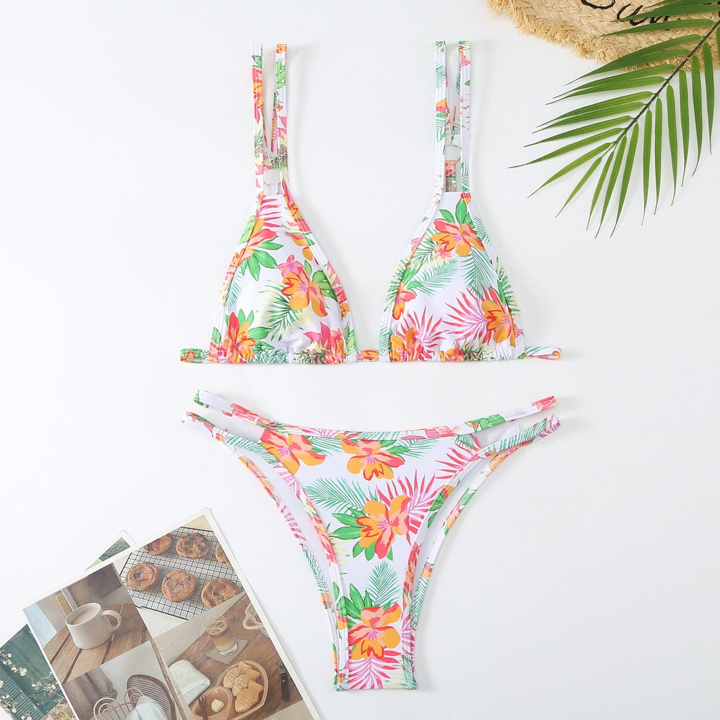 Ladies triangle bikini set with adjustable double straps and floral print Ivyshape