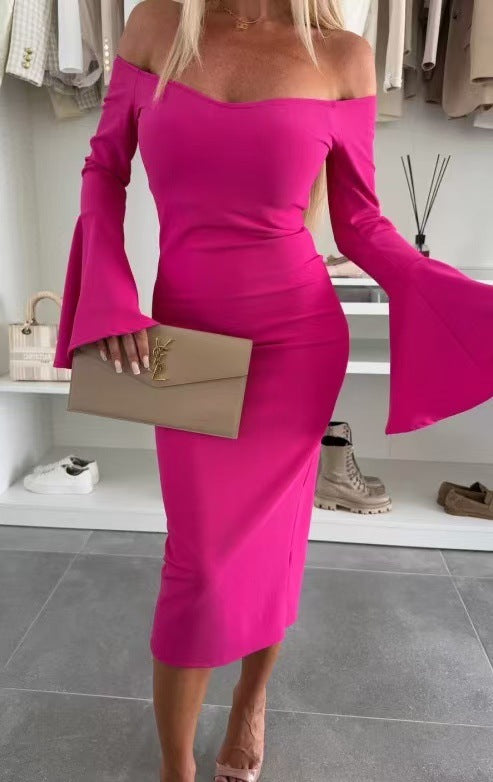 Women's Off-Shoulder Bodycon Midi Dress with Flared Sleeves Ivyshape