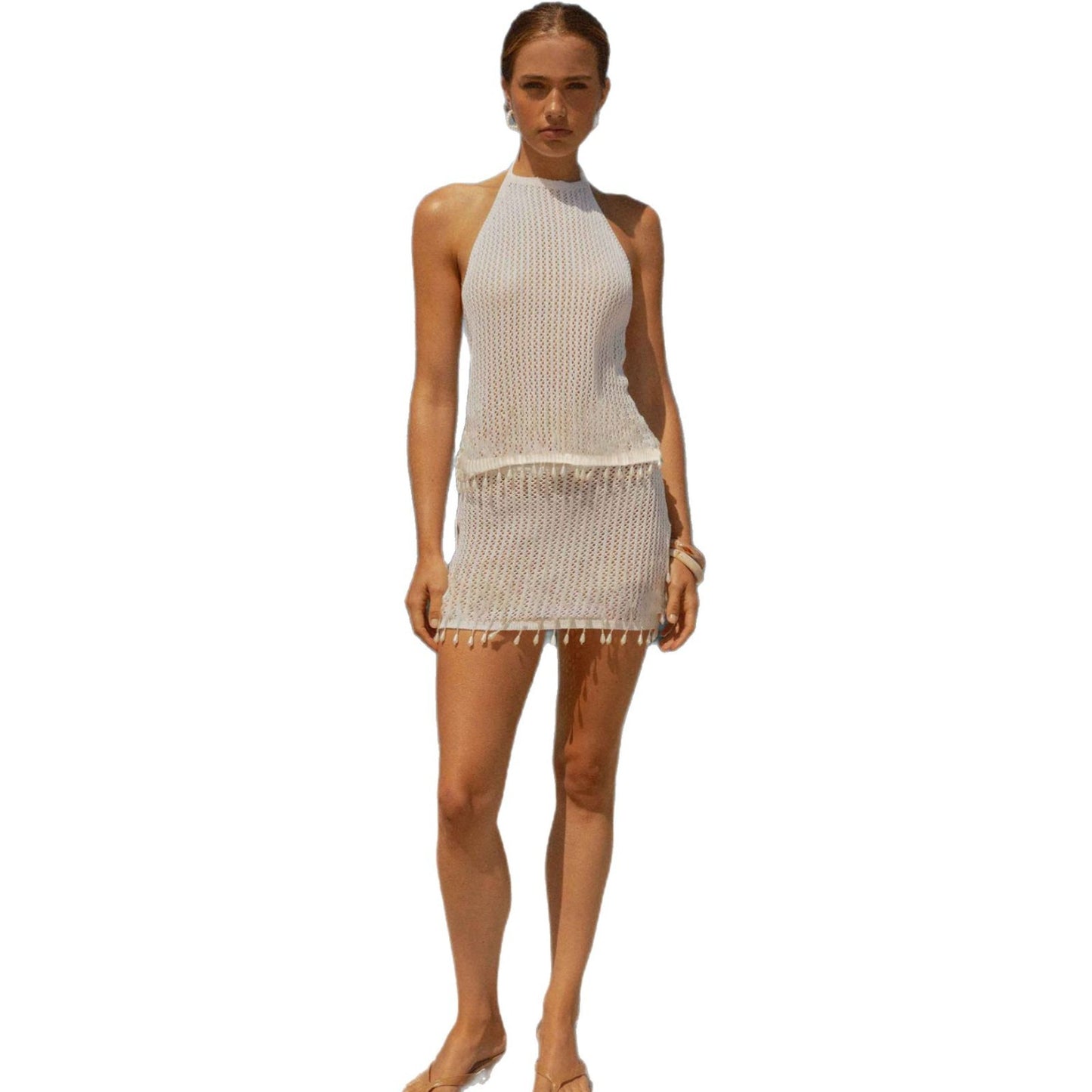 Ladies crochet dress with playful fringe detail and elegant fit Ivyshape